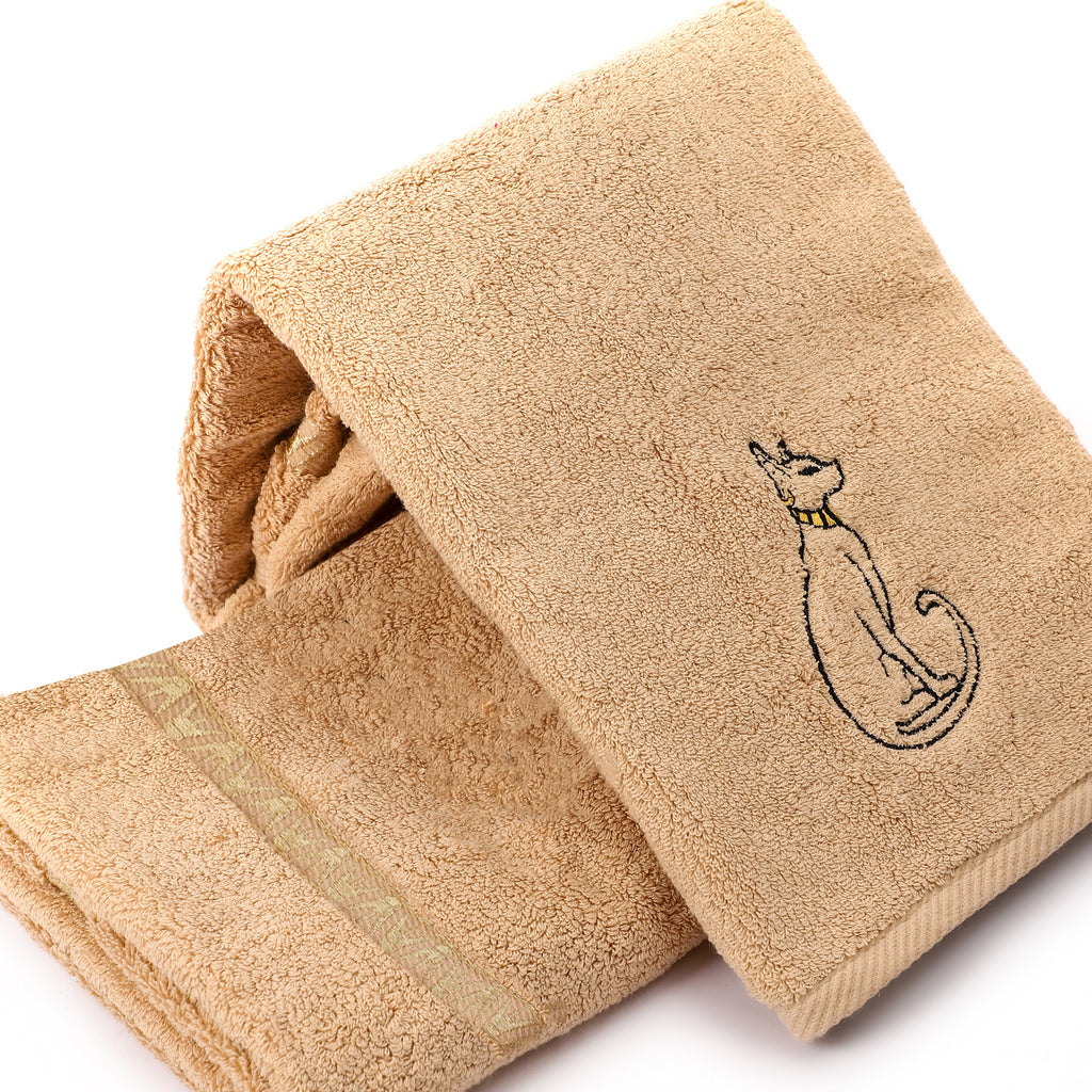 Luxury Egyptian Cotton Towel, Nile Goddess Bastet Embroidery, 600GSM, 31X20 inch - Nileloom 