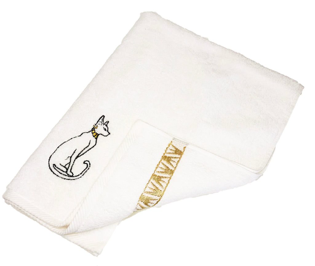 Luxury Egyptian Cotton Towel, Nile Goddess Bastet Embroidery, 600GSM, 31X20 inch - Nileloom 