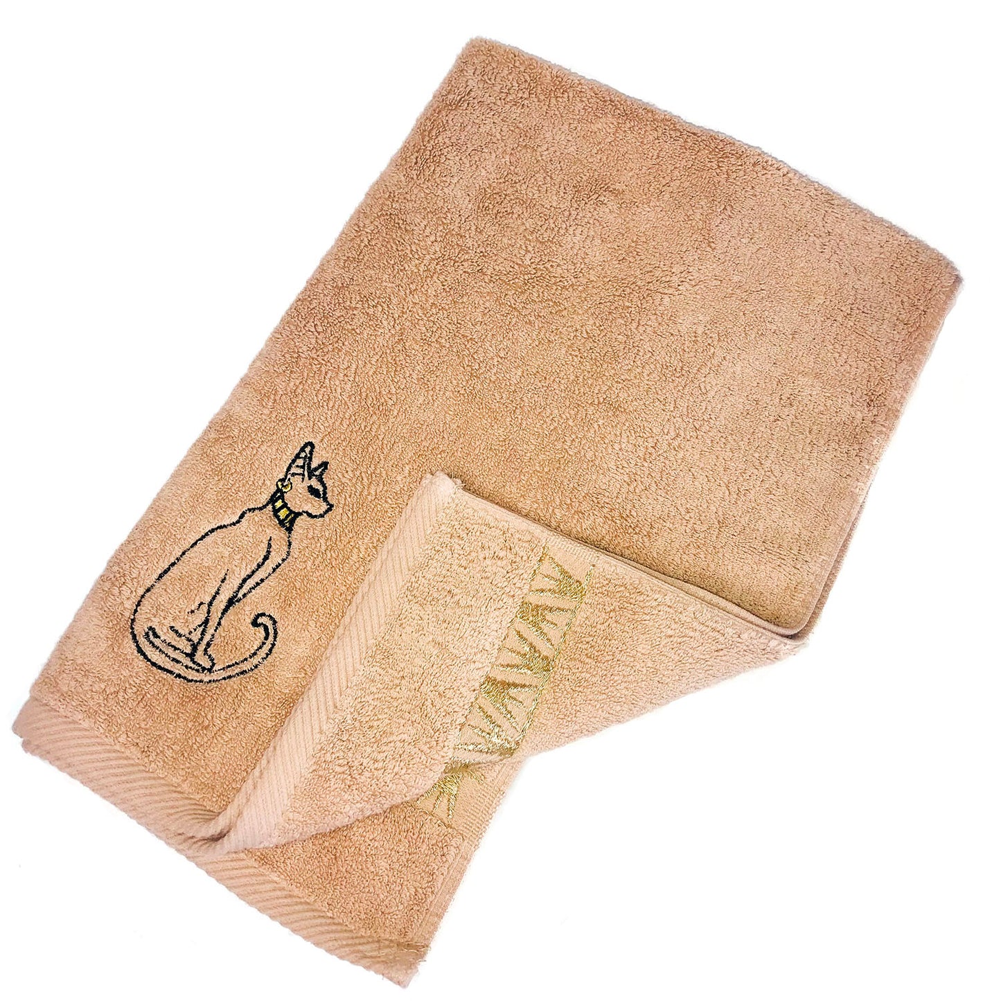 Luxury Egyptian Cotton Towel, Nile Goddess Bastet Embroidery, Plush 600GSM Oversized 31X20 inch