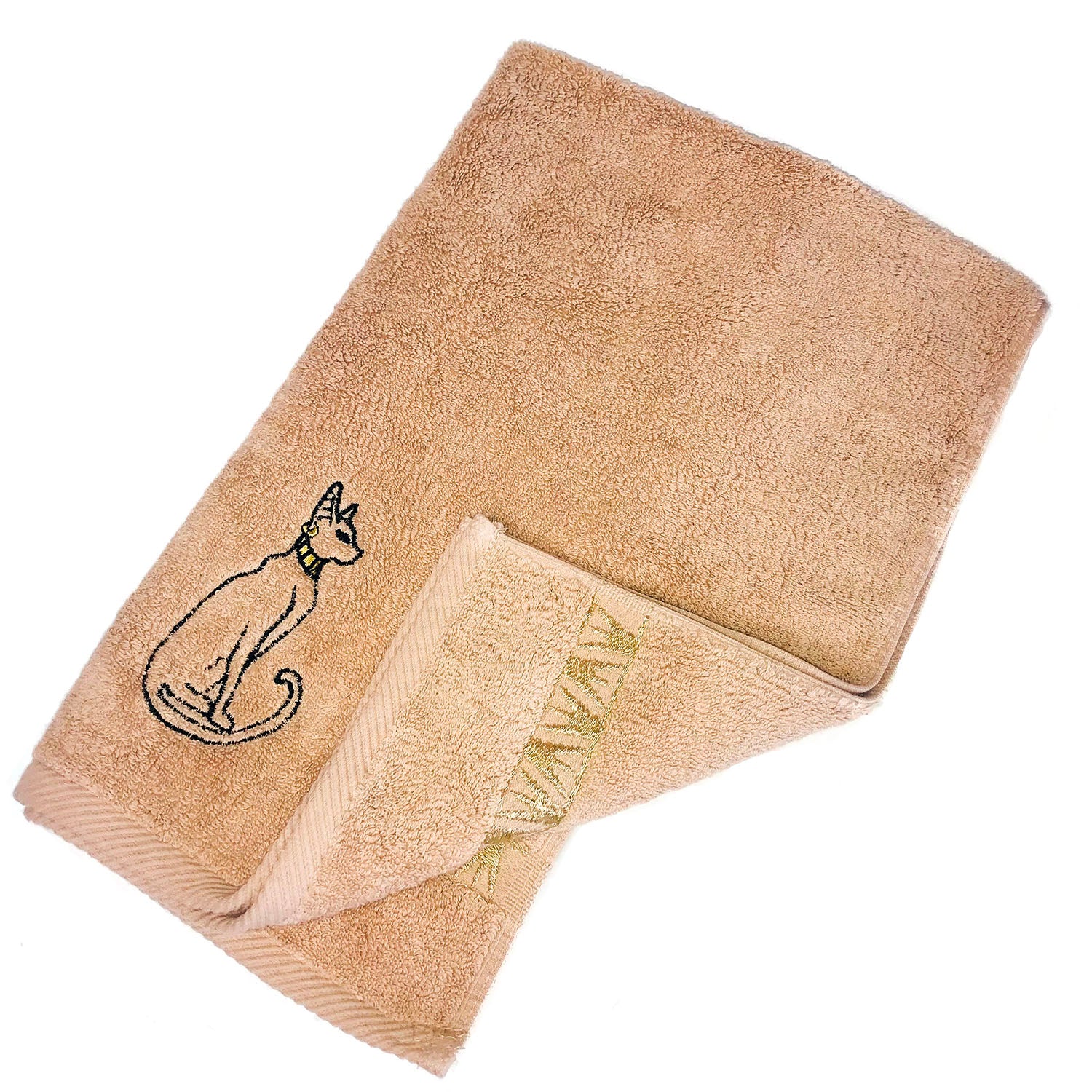 Luxury Egyptian Cotton Towel, Nile Goddess Bastet Embroidery, 600GSM, 31X20 inch - Nileloom 