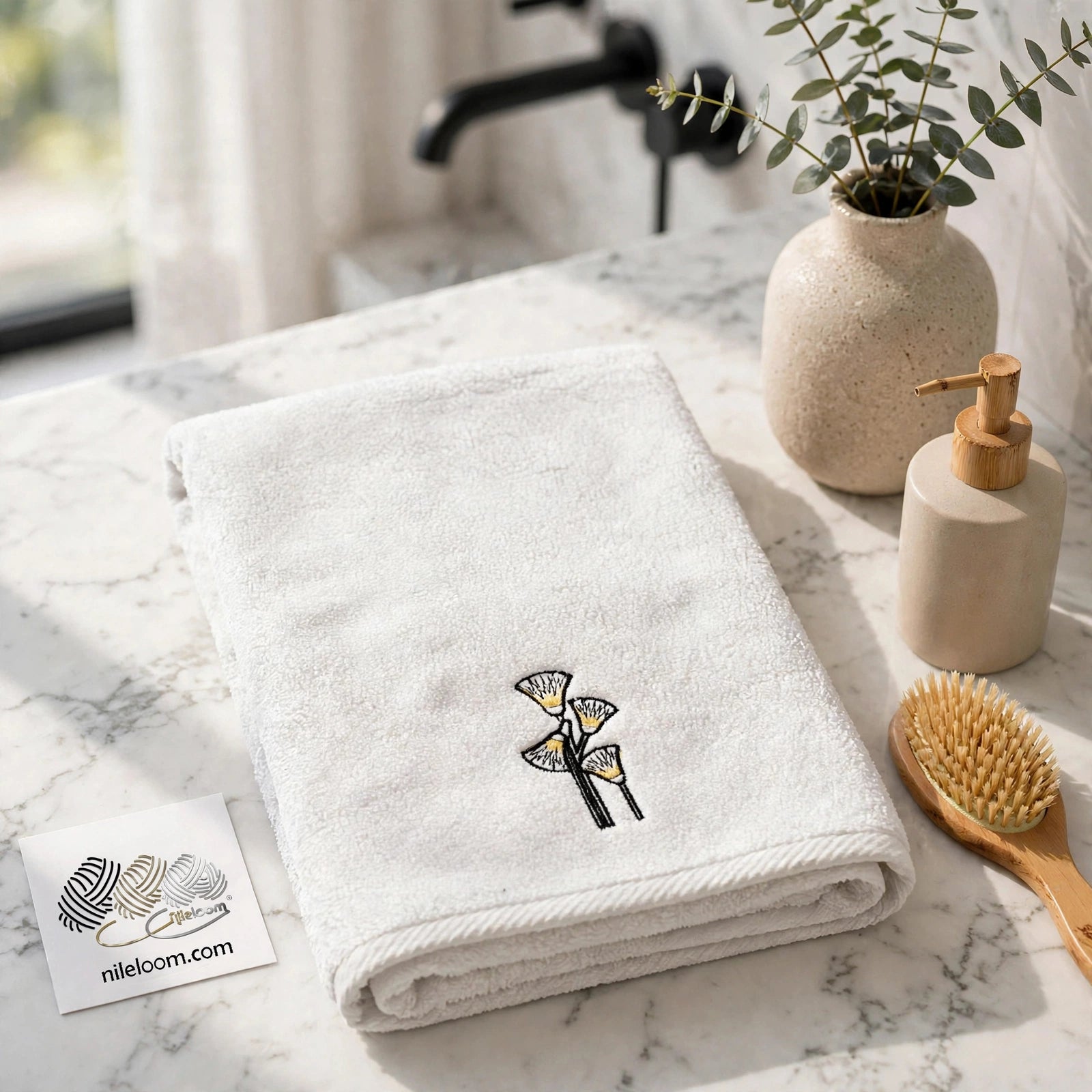 Great Nile Collection Embroidered Towel - Sesen, 100% Cotton, 700 GSM Luxury, Microwave Spa-Ready, Double-Stitched, Eco-Friendly, Ultra-soft, 31X20 inches