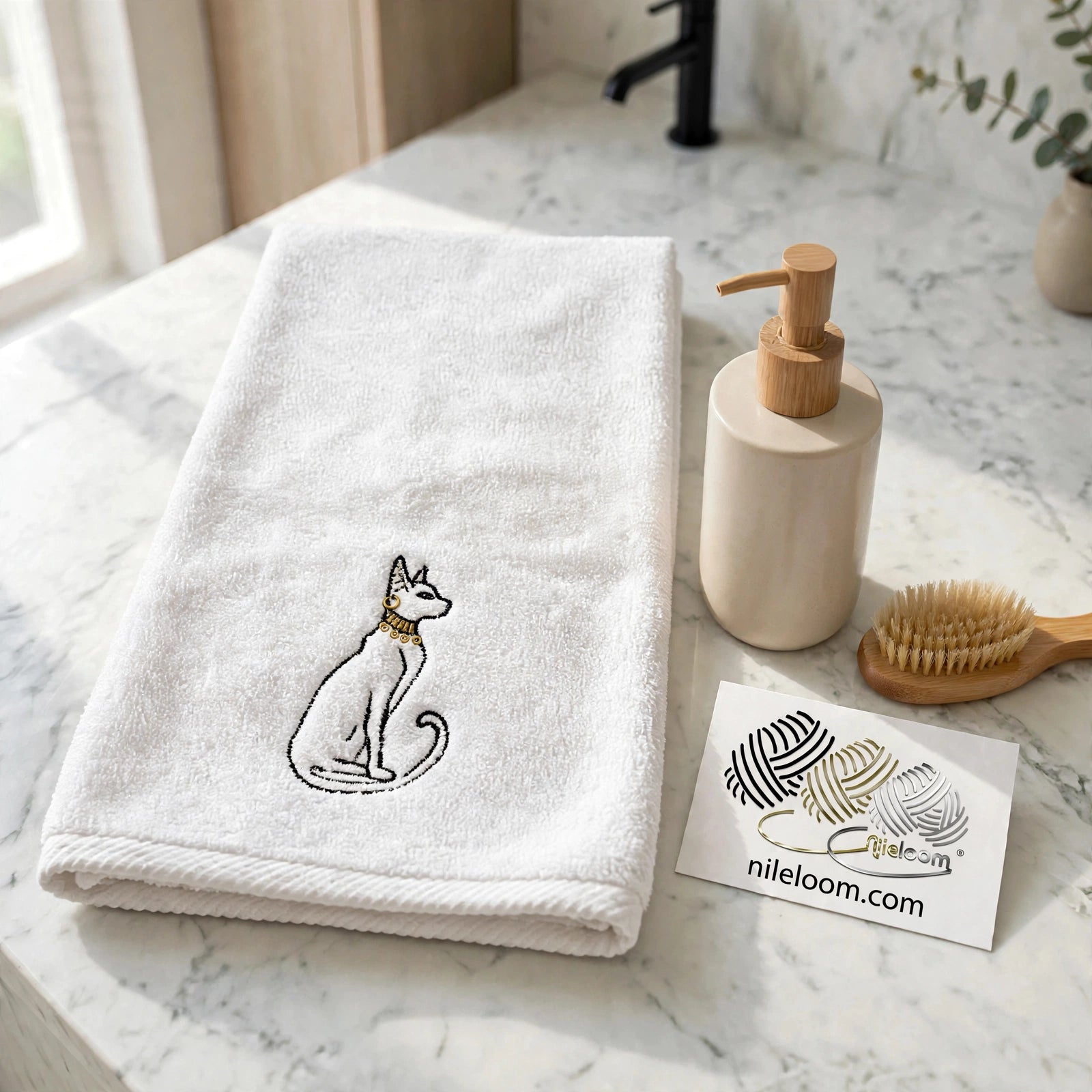 Great Nile Collection Embroidered Towel - Bastet, 100% Cotton, 700 GSM Luxury, Microwave Spa-Ready, Double-Stitched, Eco-Friendly, Ultra-soft, 31X20 inches